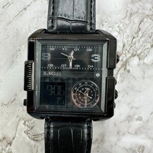 LIGE Watch Men Black Analog Digital Triple Time 42MM Dial New Battery 9.5 Inch